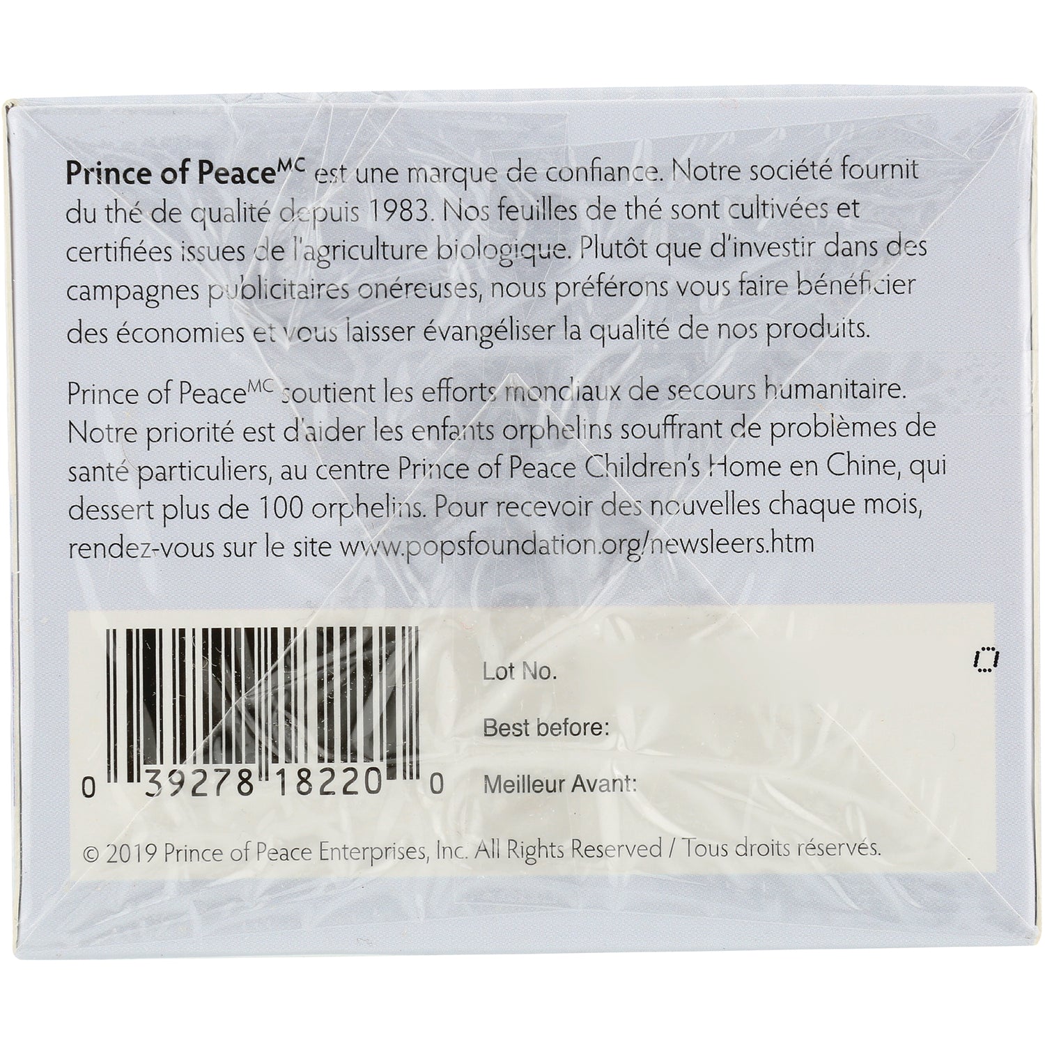 POP034 | back packaging labeled Prince of Peace with French description, barcode and best before fields
