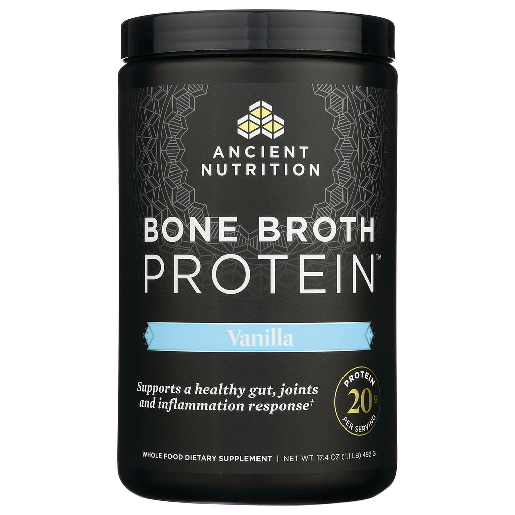 ATN002 | Ancient Nutrition Bone Broth Protein Vanilla powder tub front label showing 20g protein per serving - Thumbnail
