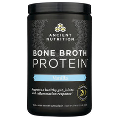 ATN002 | Ancient Nutrition Bone Broth Protein Vanilla powder tub front label showing 20g protein per serving