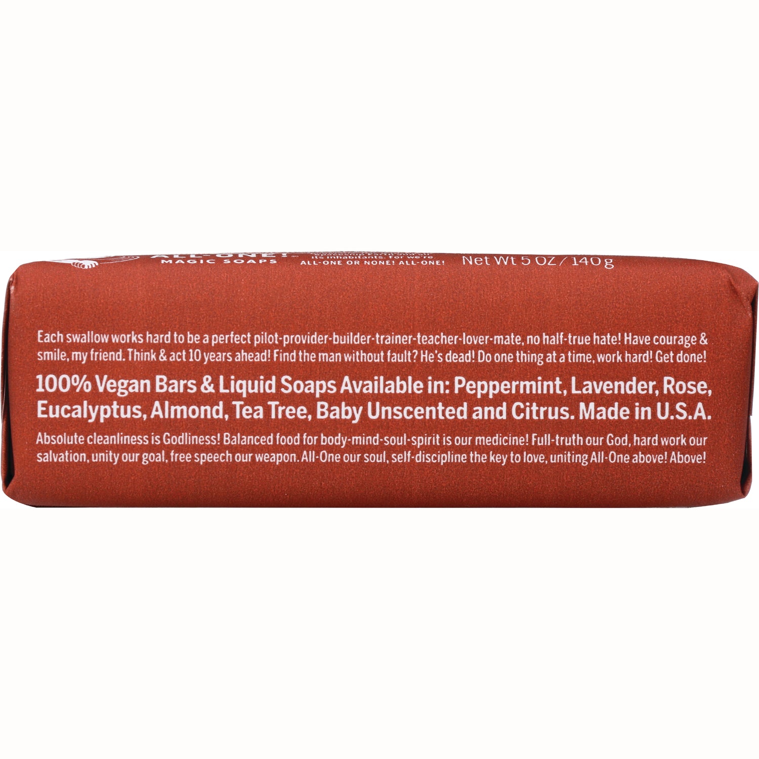 DRB002 | back of red soap wrapper with white text listing 100% Vegan bars and liquid soaps and Made in U.S.A