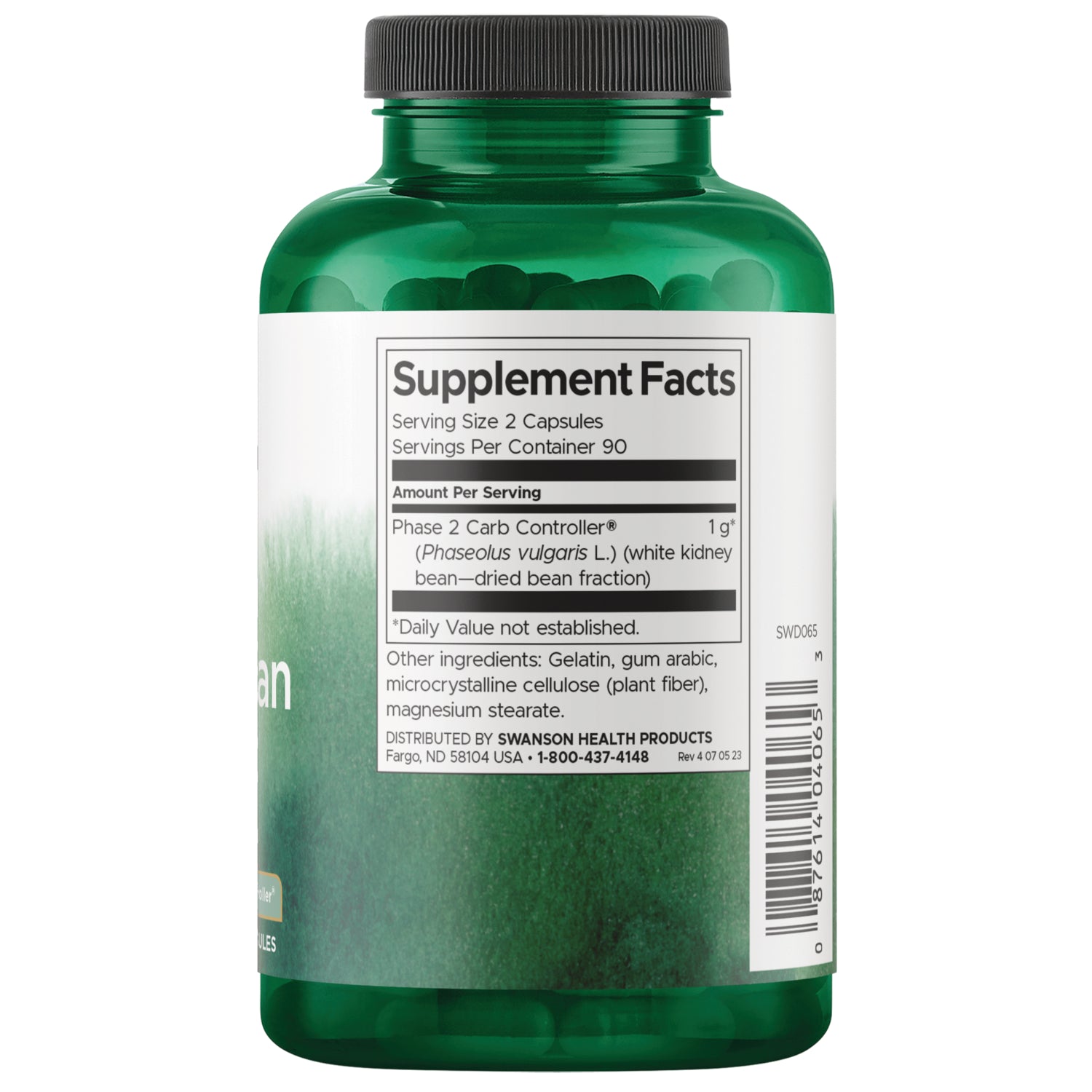 SWD065 | Back label showing Supplement Facts, serving size 2 capsules, 90 servings, and barcode
