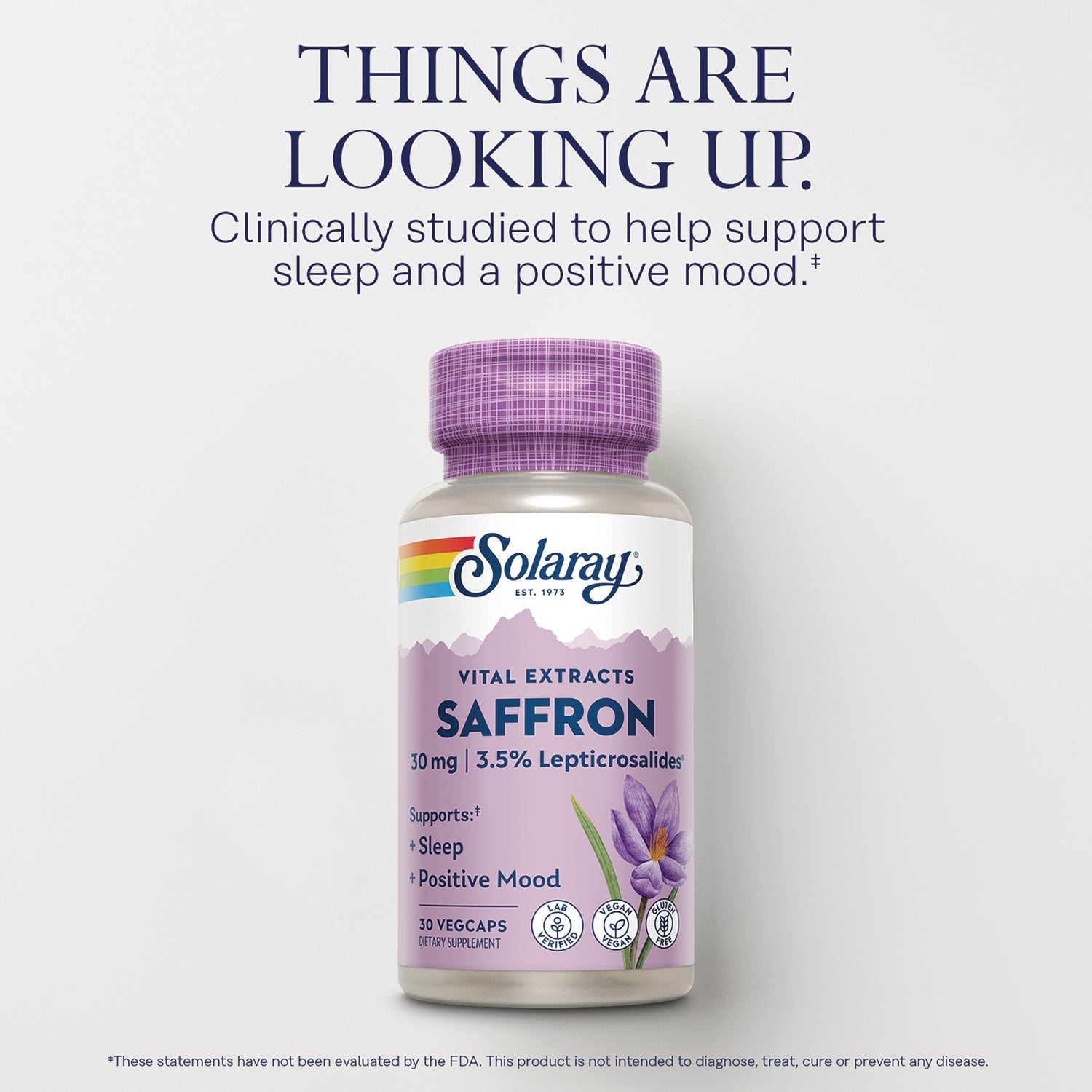 SLR545 | Solaray Vital Extracts Saffron bottle with purple label reading 30 mg 3.5% Lepticrosalides supporting sleep and positive mood