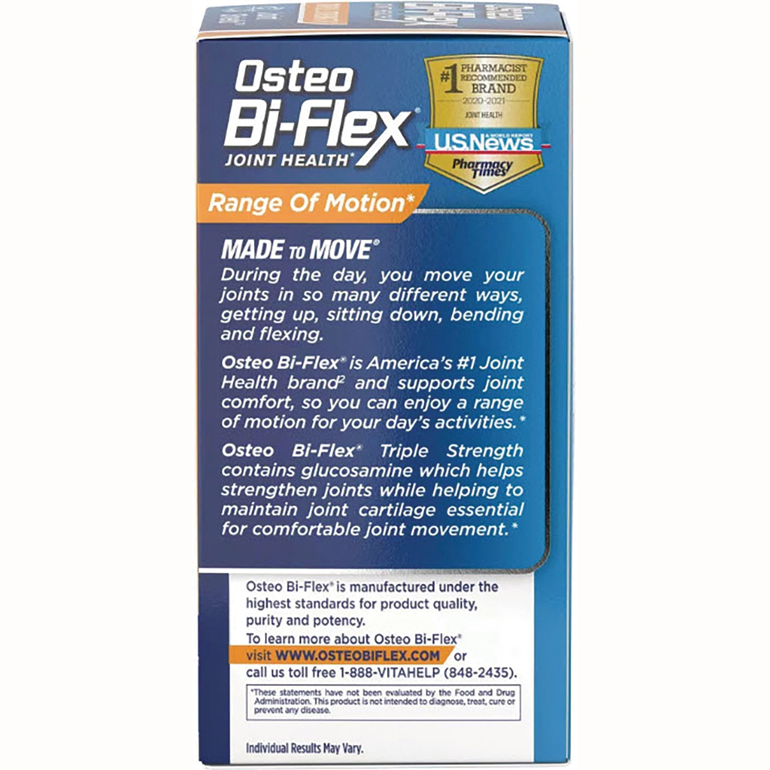 OBF006 | blue Osteo Bi-Flex product infographic panel describing range of motion benefits and ingredient information