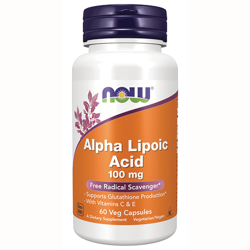 NWF019 | NOW Alpha Lipoic Acid 100 mg white bottle with orange label and purple cap, 60 veg capsules - Thumbnail