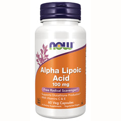 NWF019 | NOW Alpha Lipoic Acid 100 mg white bottle with orange label and purple cap, 60 veg capsules