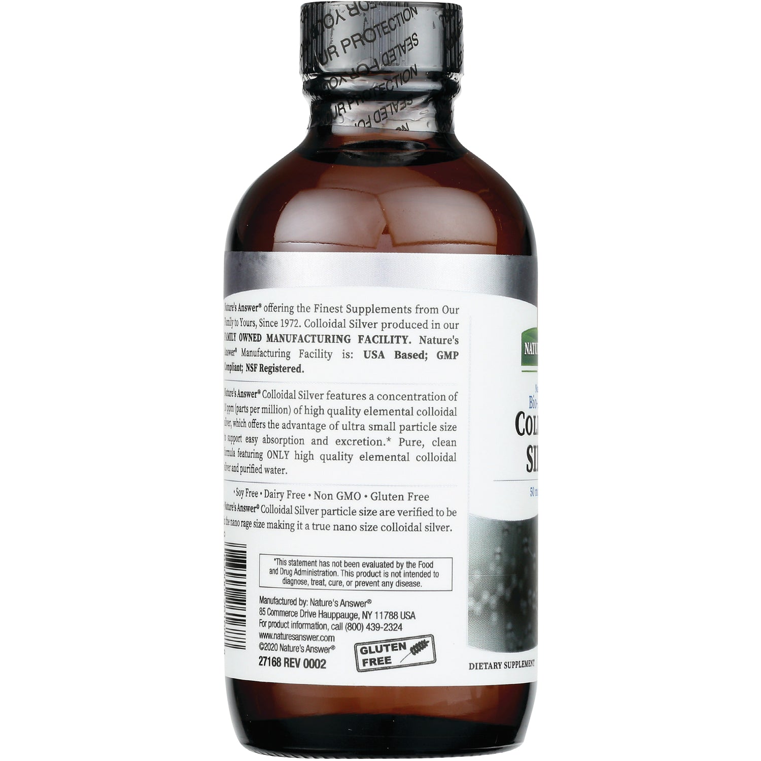 NAT403 | back label of brown supplement bottle showing ingredients, warnings, and gluten free mark