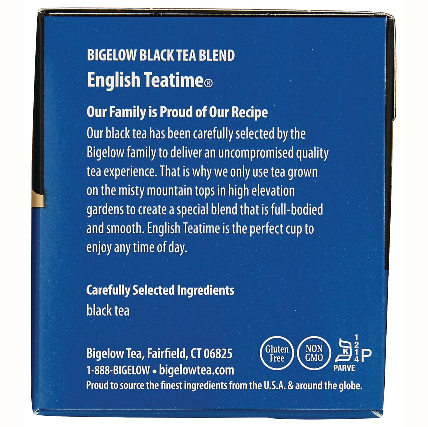 BGT015 | Back of Bigelow English Teatime black tea box with product description, ingredients listed as black tea, and contact info