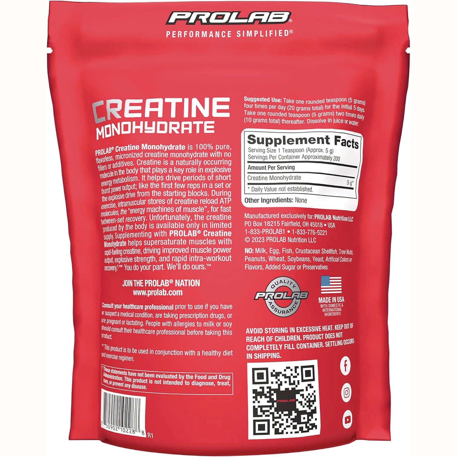 PRL032 | back of red PROLAB Creatine Monohydrate pouch showing Supplement Facts, usage directions, barcode and QR code