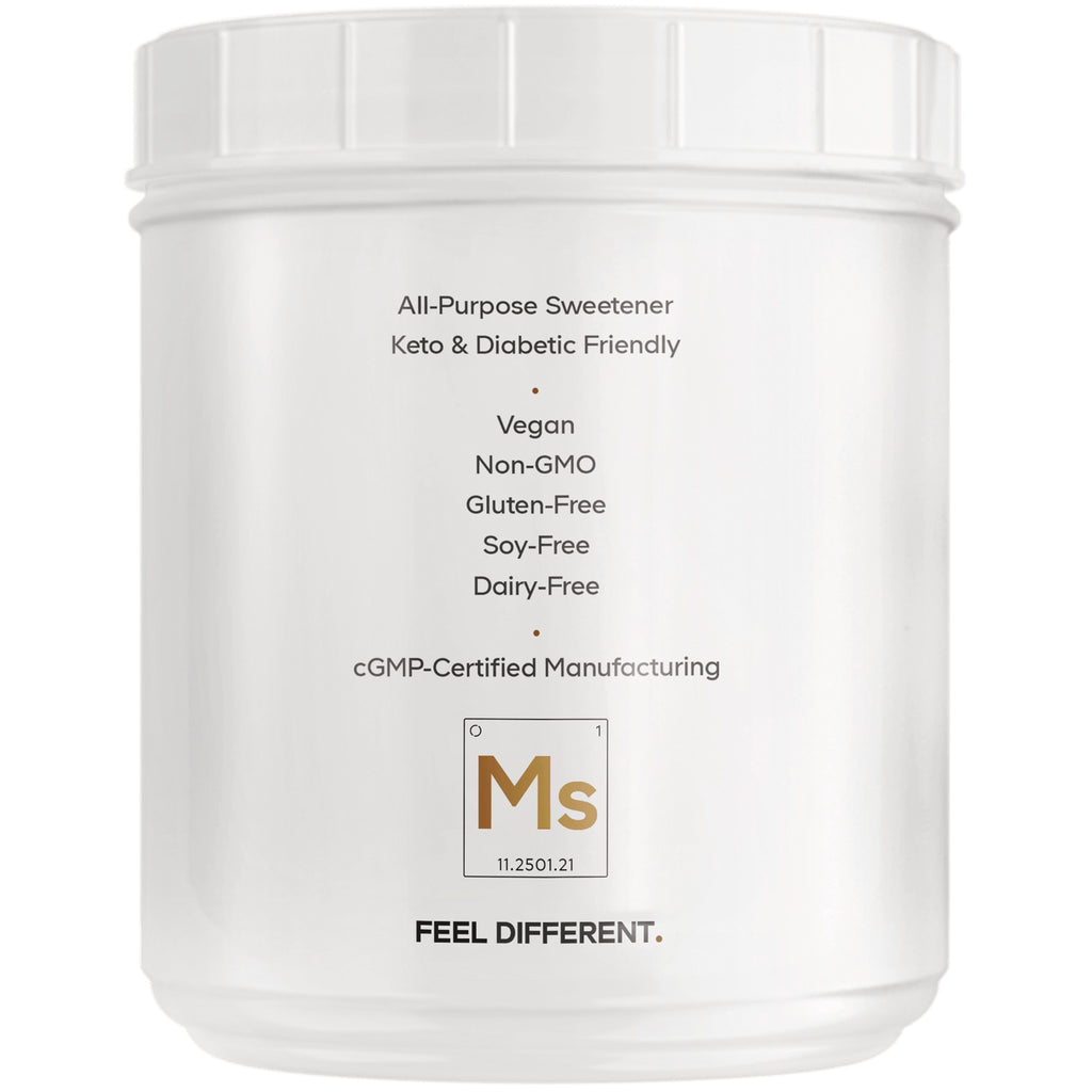 CDG070 | Back of white sweetener jar label listing Keto & Diabetic Friendly, Vegan, Non-GMO, Gluten-Free, Soy-Free, Dairy-Free, cGMP-certified - Thumbnail