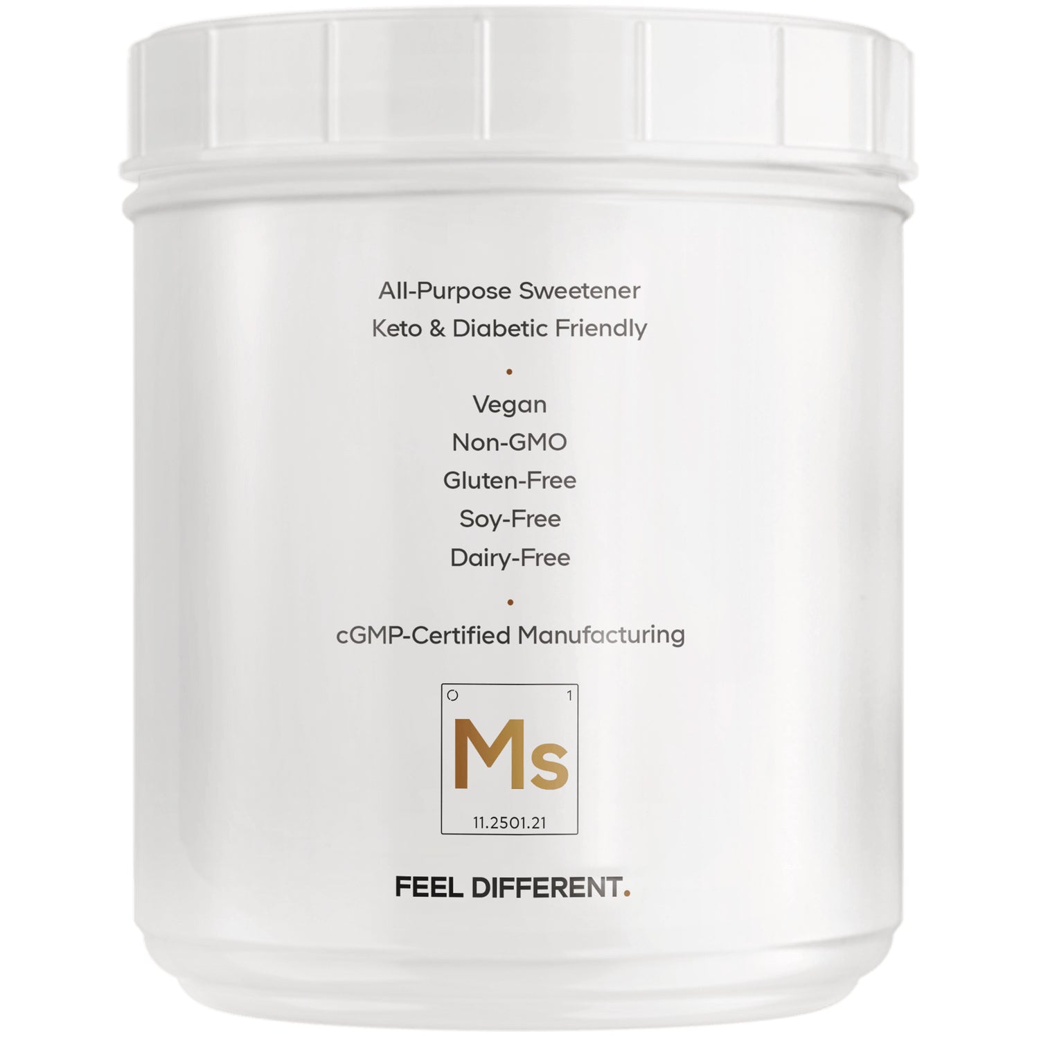 CDG070 | Back of white sweetener jar label listing Keto & Diabetic Friendly, Vegan, Non-GMO, Gluten-Free, Soy-Free, Dairy-Free, cGMP-certified