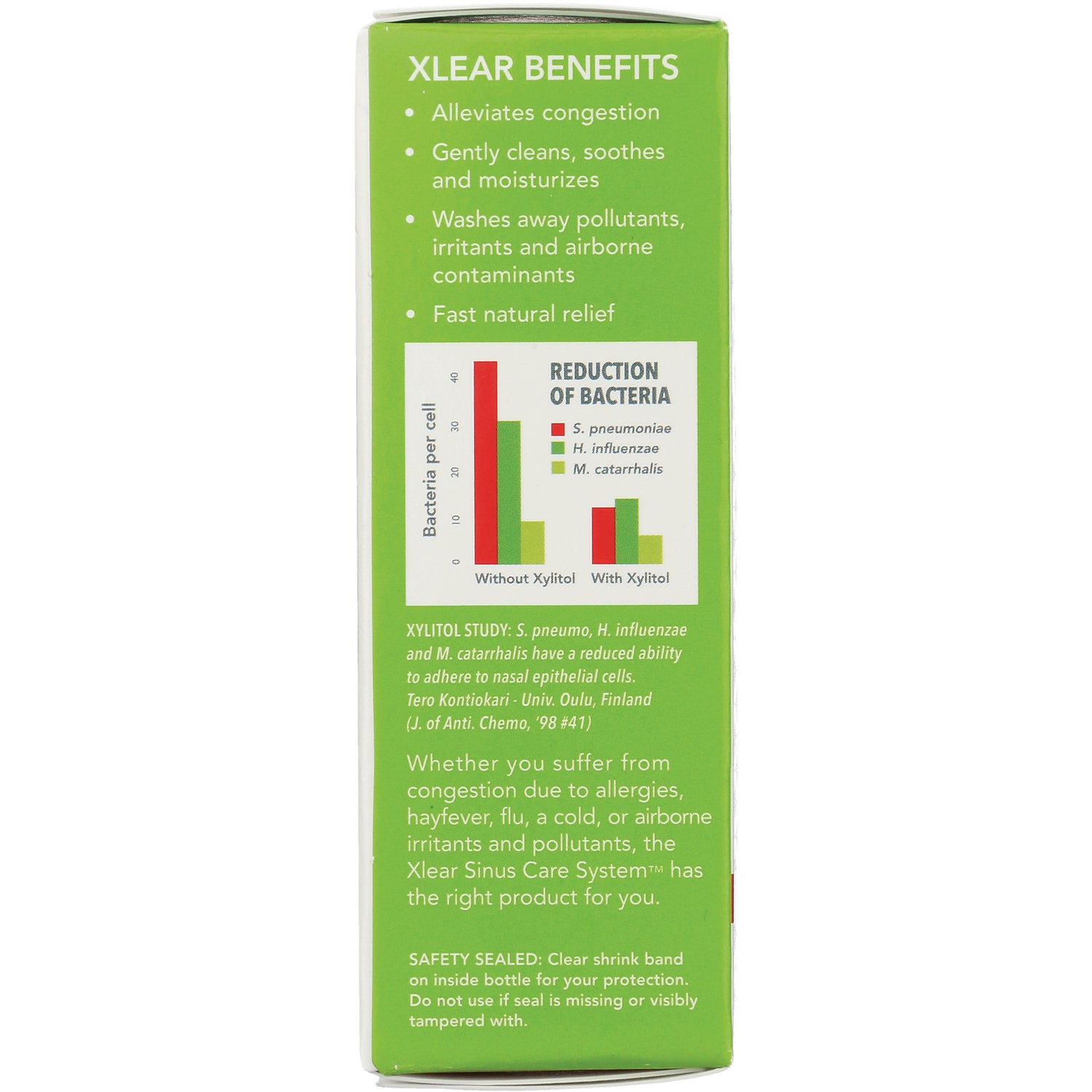 XL012 | XLEAR Benefits panel with bullet points and Reduction of Bacteria chart on green box back