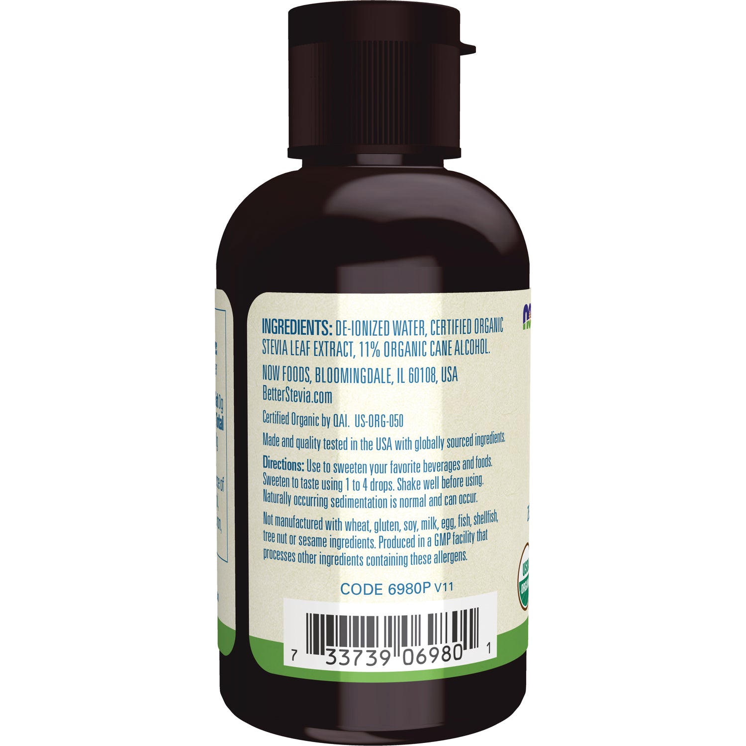 NWF116 | Back label of brown bottle showing ingredients, directions, barcode and certifications