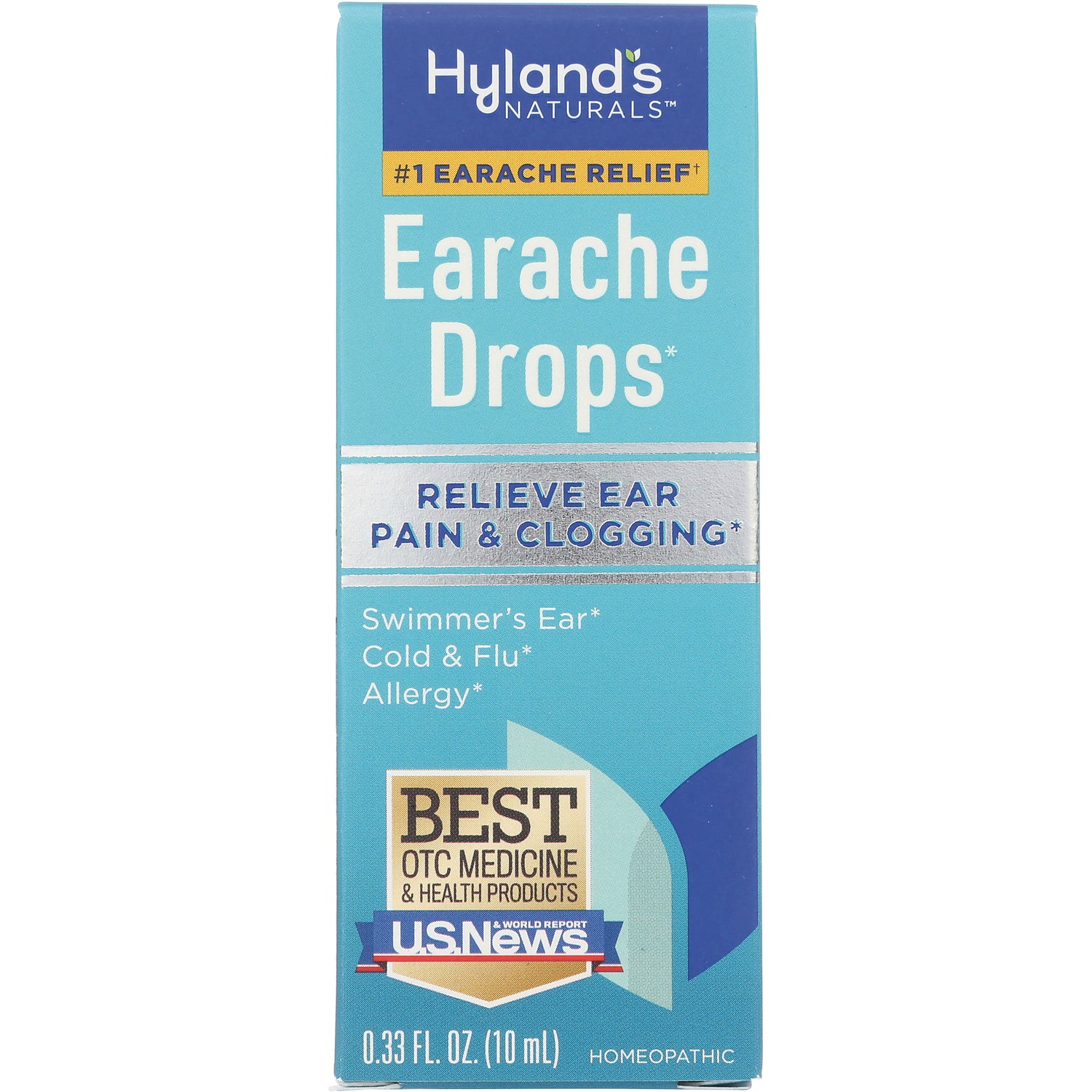 HY262 | Hyland's Naturals Earache Drops box, turquoise packaging labeled Earache Drops and Relieve Ear Pain & Clogging, 0.33 fl oz