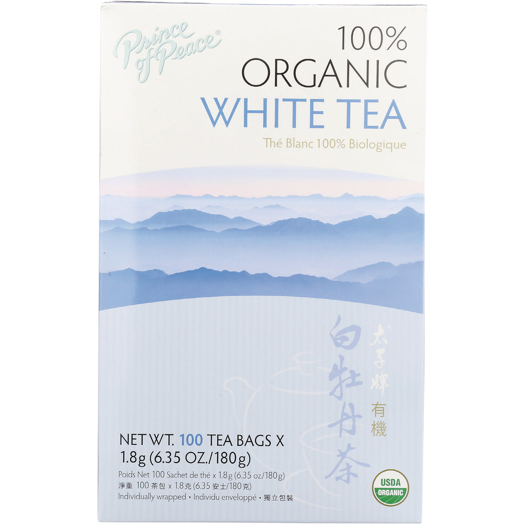 POP005 | Prince of Peace 100% organic white tea box front, 100 tea bags, blue mountain artwork - Thumbnail