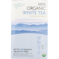 POP005 | Prince of Peace 100% organic white tea box front, 100 tea bags, blue mountain artwork