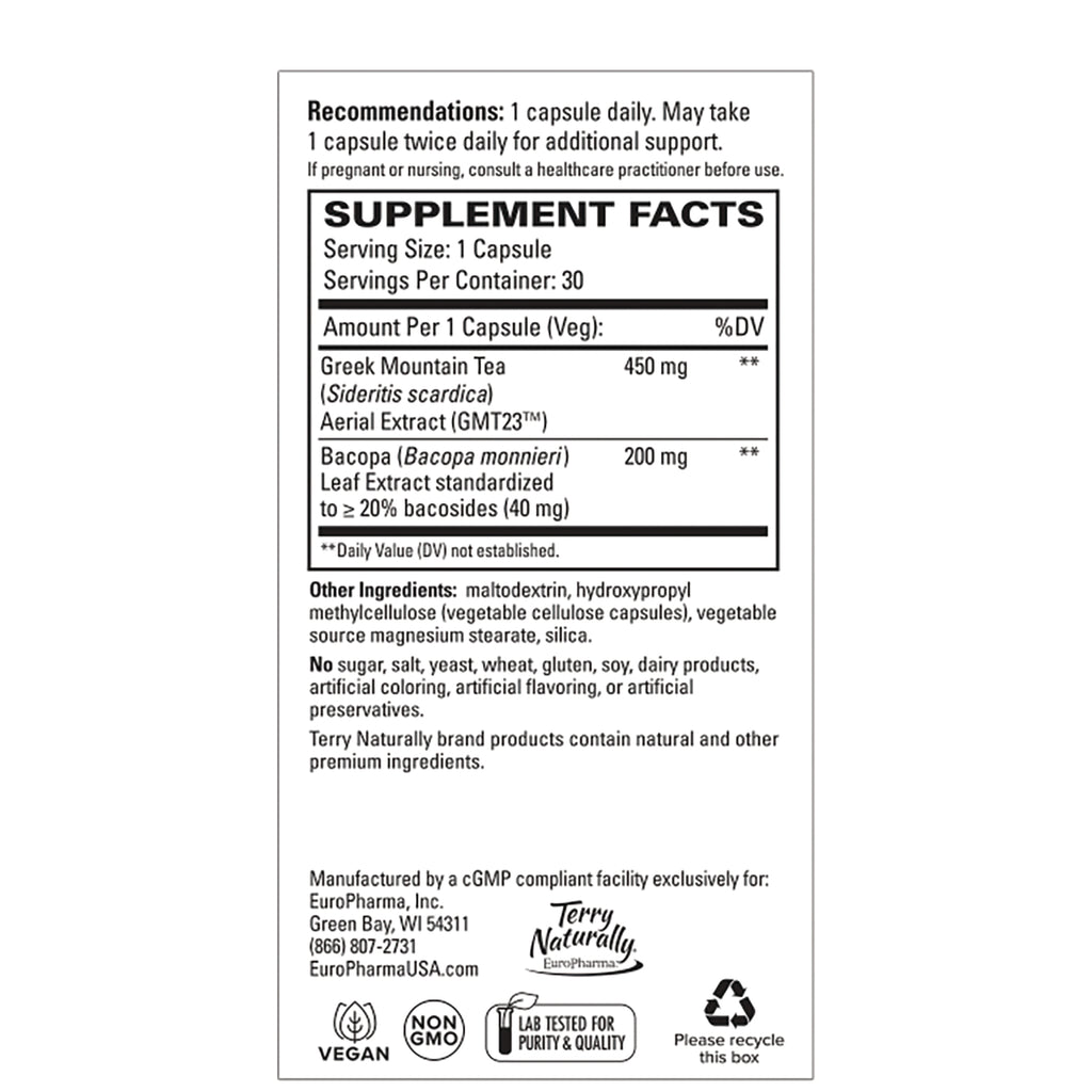 EUR067 | Supplement Facts back label showing serving size 1 capsule, Greek Mountain Tea 450 mg, Bacopa 200 mg, other ingredients and vegan non-GMO lab tested icons - Thumbnail