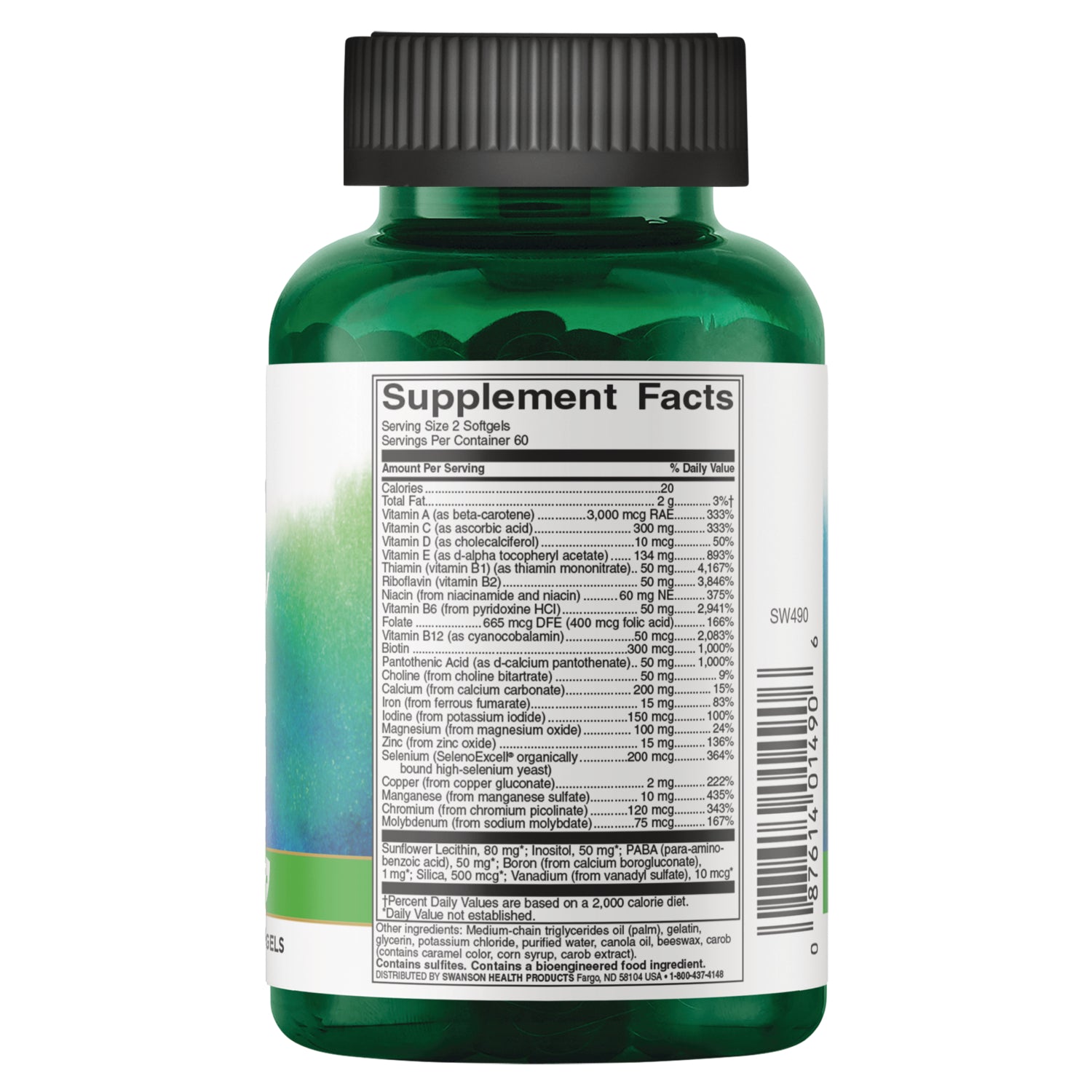 SW491 | Back label showing Supplement Facts panel on green supplement bottle