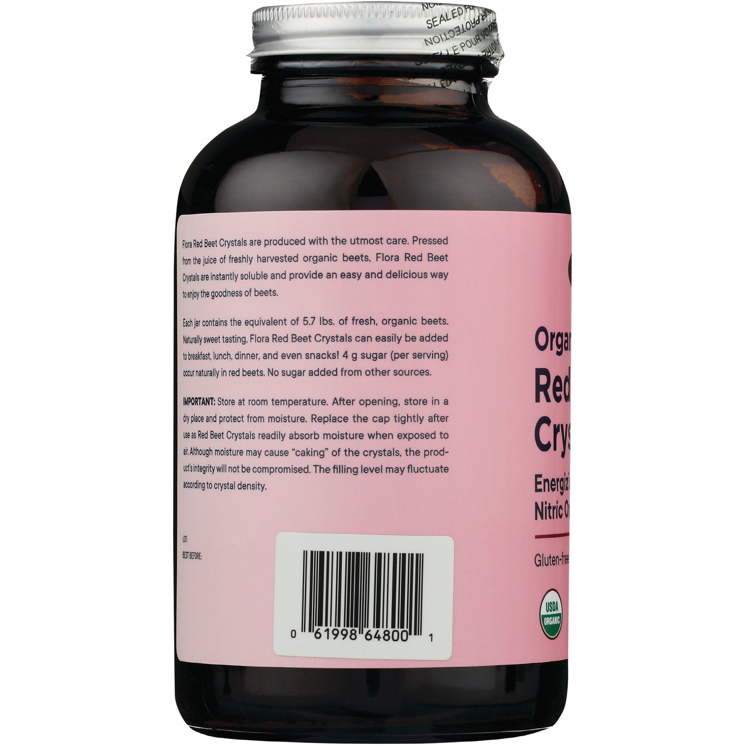 FL103 | back of pink supplement bottle label showing storage instructions, small text and barcode