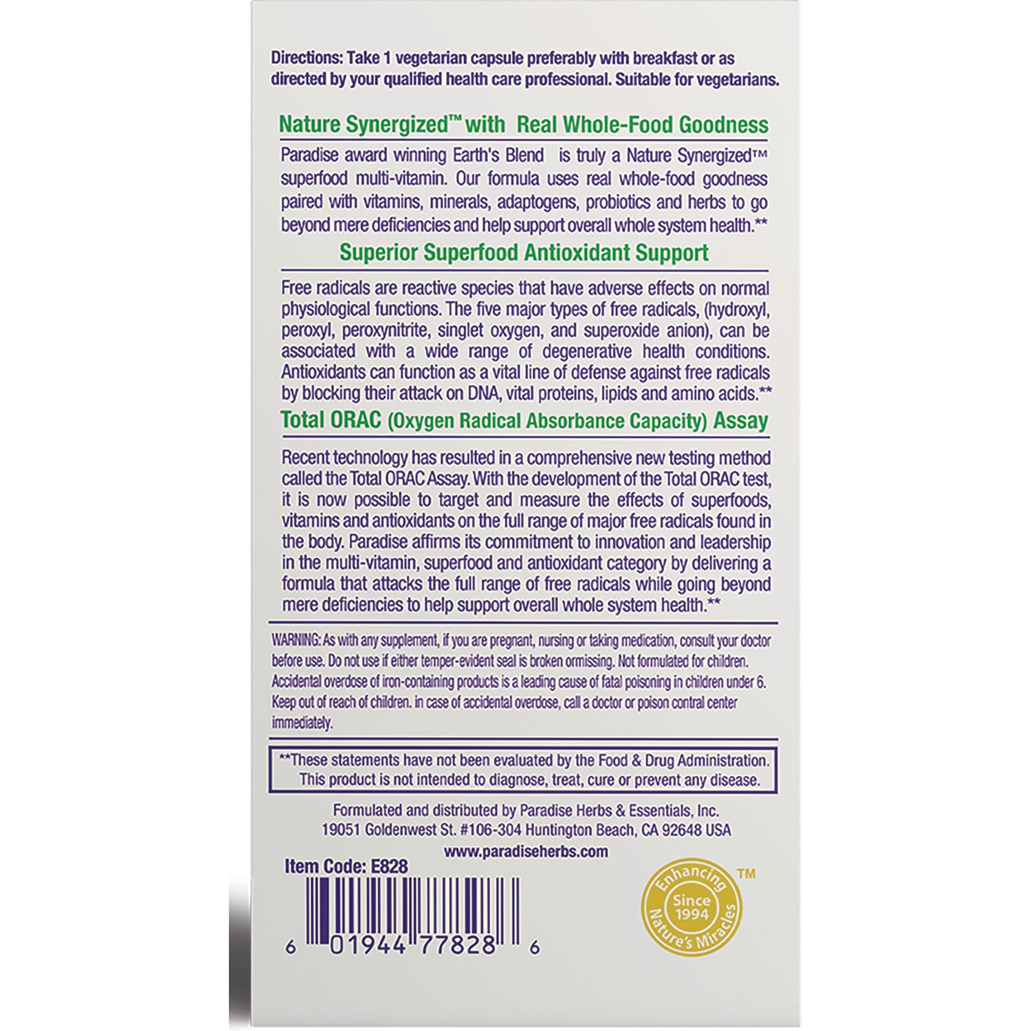 PRH011 | product infographic back panel with directions, Total ORAC description, warnings and barcode