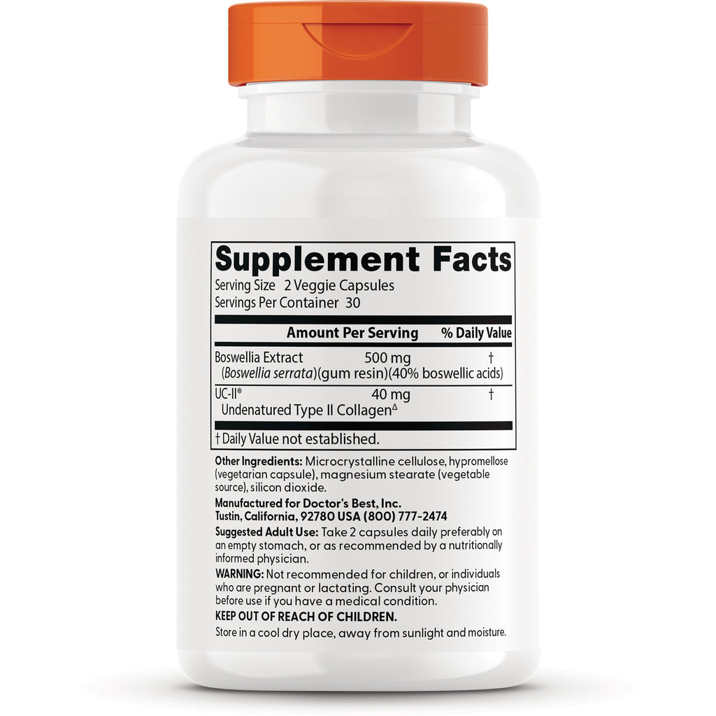 DB299 | White supplement bottle back showing Supplement Facts panel listing Boswellia extract, UC-II collagen, and other ingredients - Thumbnail
