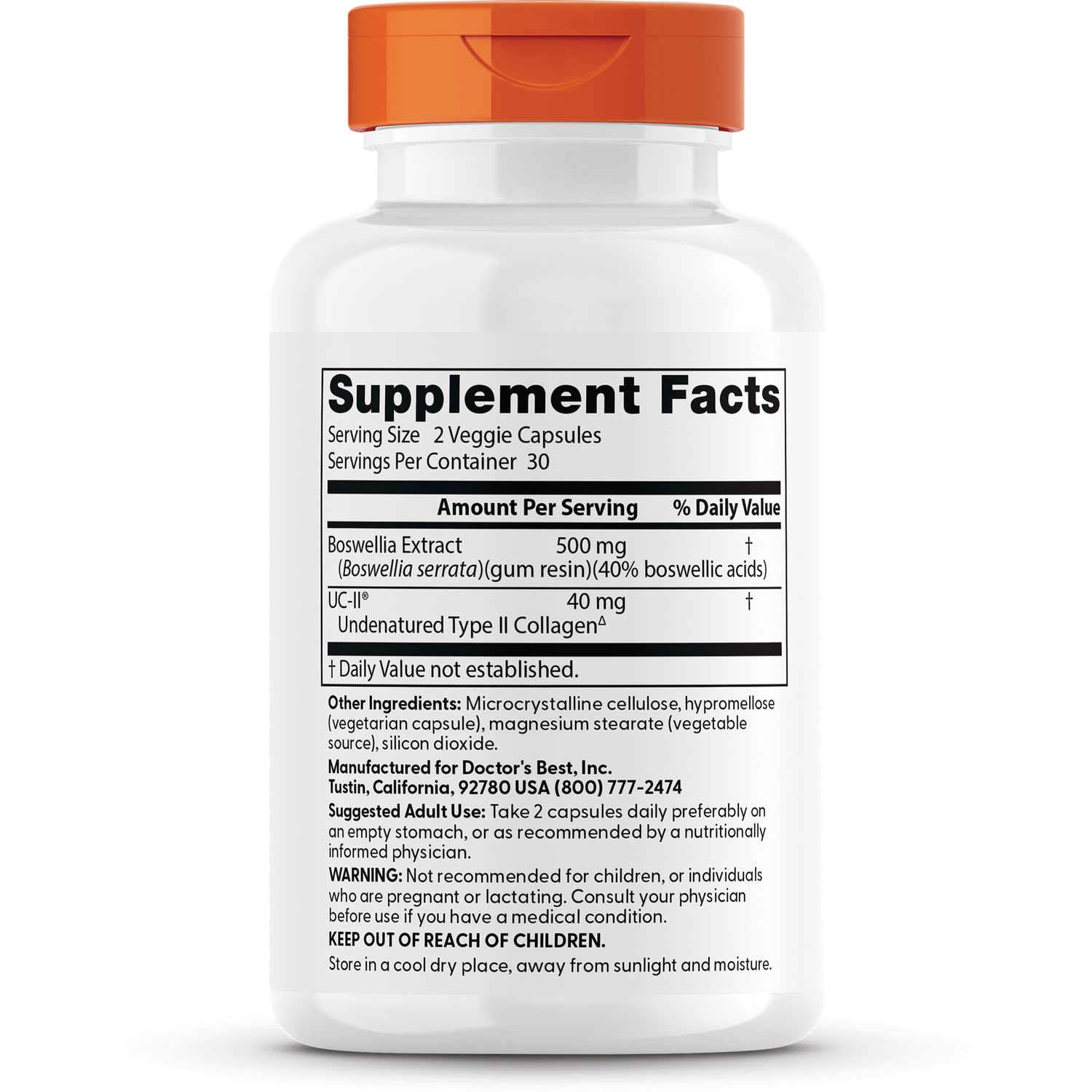 DB299 | White supplement bottle back showing Supplement Facts panel listing Boswellia extract, UC-II collagen, and other ingredients