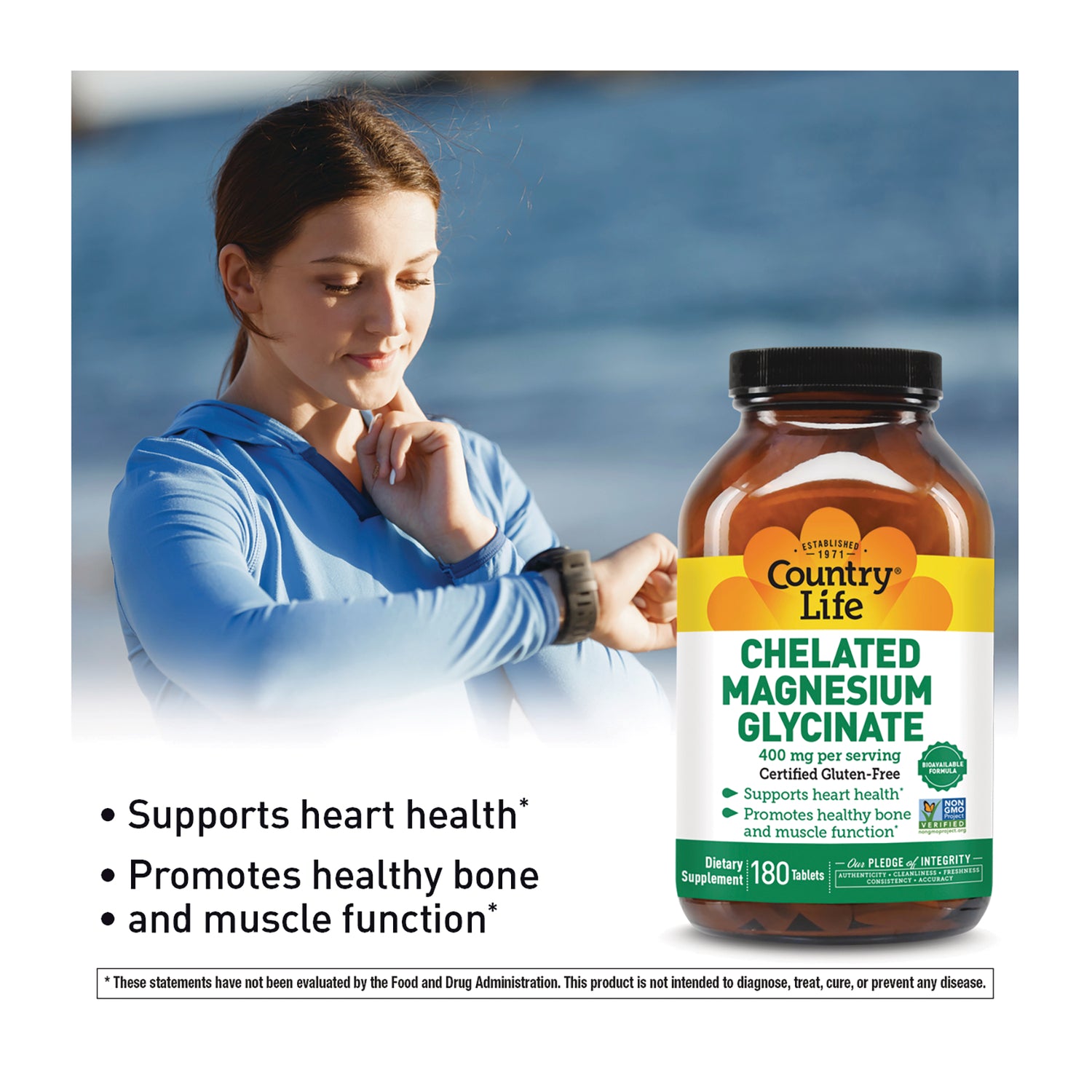 CRL649 | Woman checking smartwatch next to Country Life CHELATED MAGNESIUM GLYCINATE bottle noting heart, bone, and muscle support