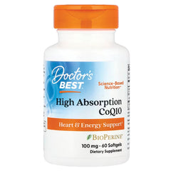 DB112 | Doctor's Best High Absorption CoQ10 100 mg bottle, 60 softgels, white bottle with orange cap and BioPerine label, Heart & Energy