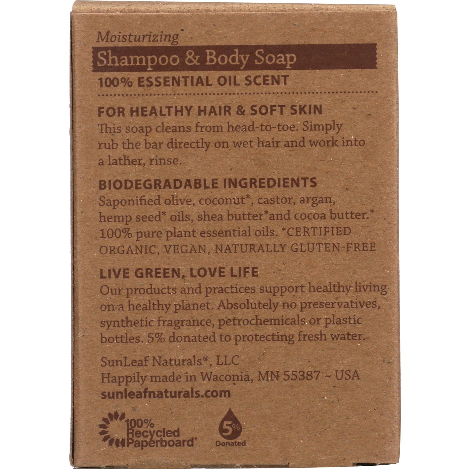 SLN007 | back of Shampoo & Body Soap box showing ingredients, usage directions and company information on recycled paperboard