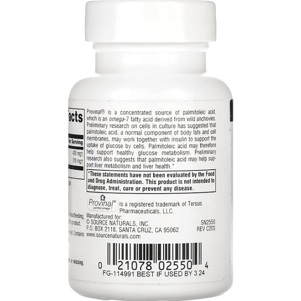 SN747 | Back label of Source Naturals Provinal omega-7 softgels with supplement facts and warnings - Thumbnail
