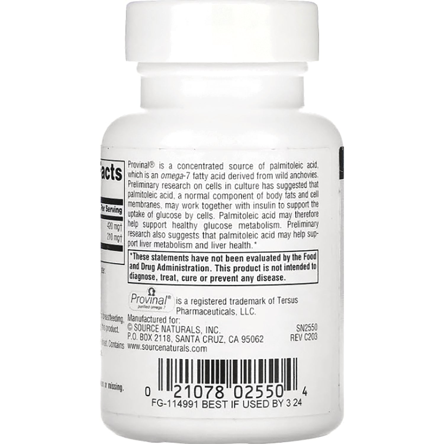SN747 | Back label of Source Naturals Provinal omega-7 softgels with supplement facts and warnings