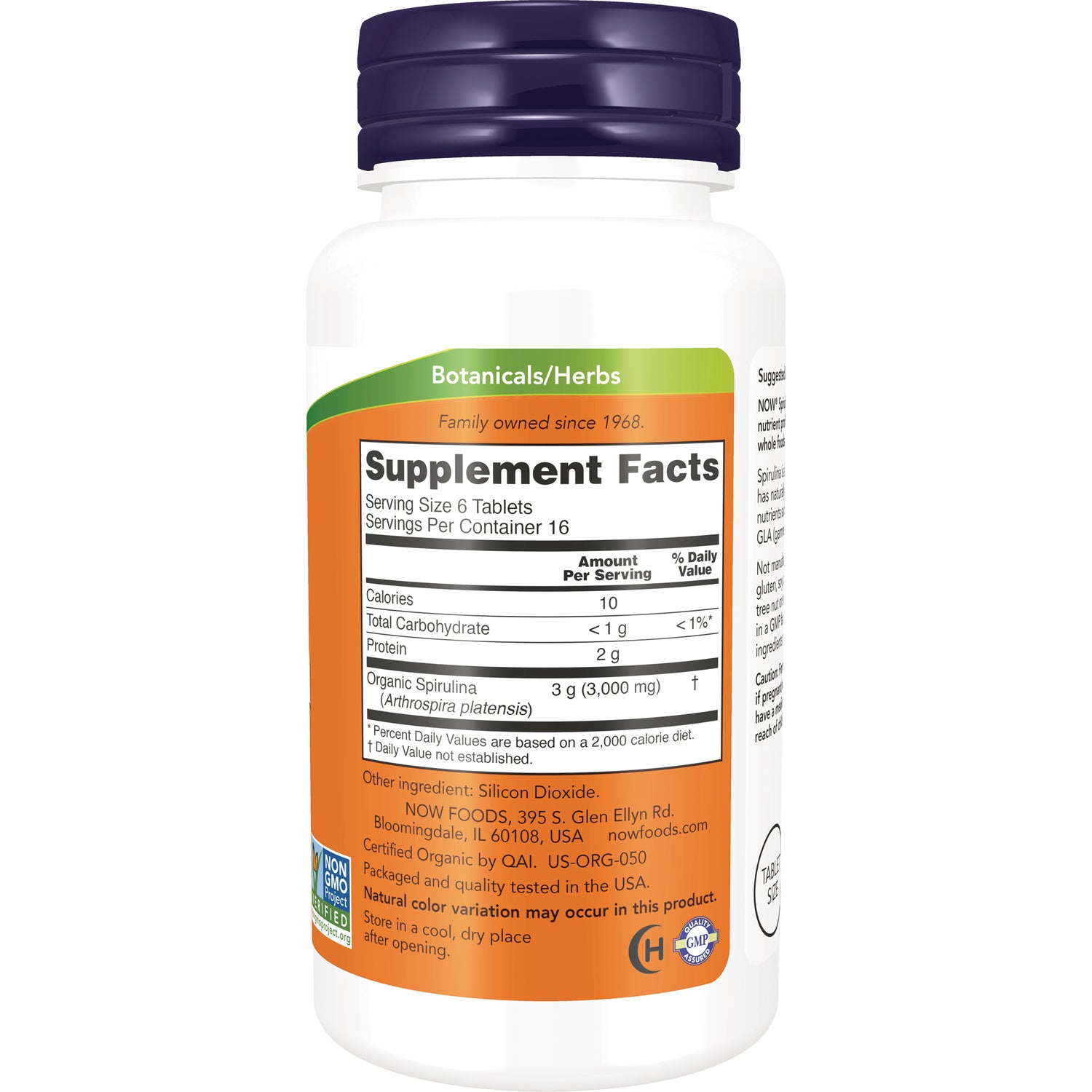 NWF1161 | Back label showing Supplement Facts panel and ingredient information for organic spirulina tablets