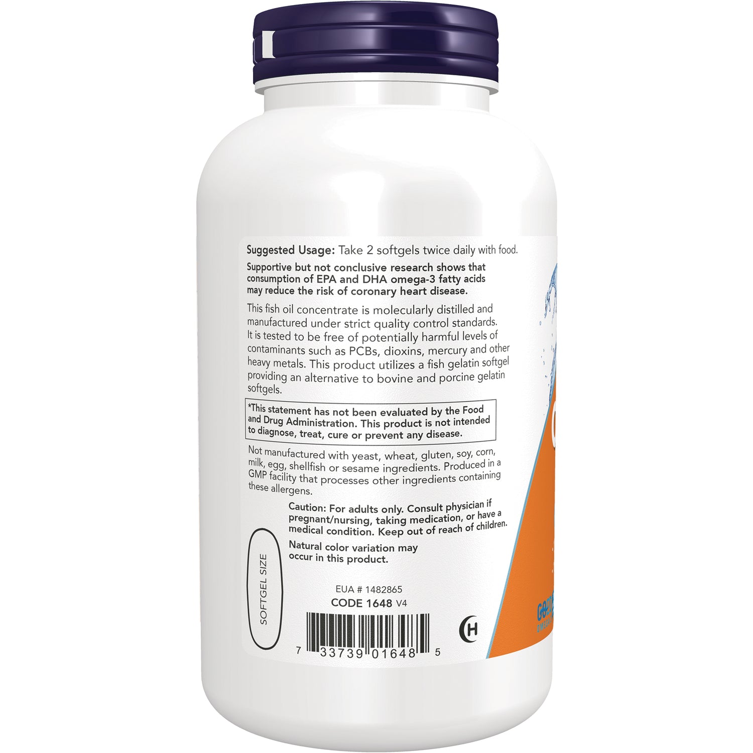 NWF1452 | Back label of white supplement bottle showing suggested usage, caution, ingredient claims, and barcode