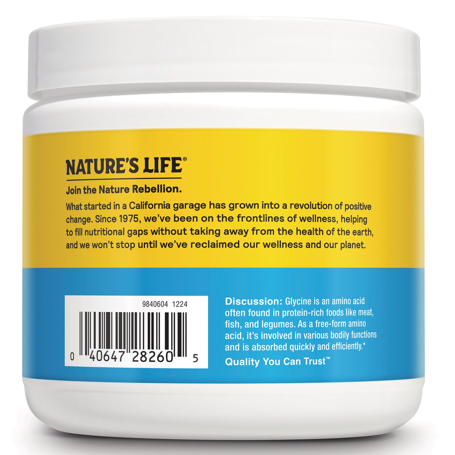 NSL036 | White supplement jar back label reading NATURE'S LIFE, barcode, and discussion text about glycine