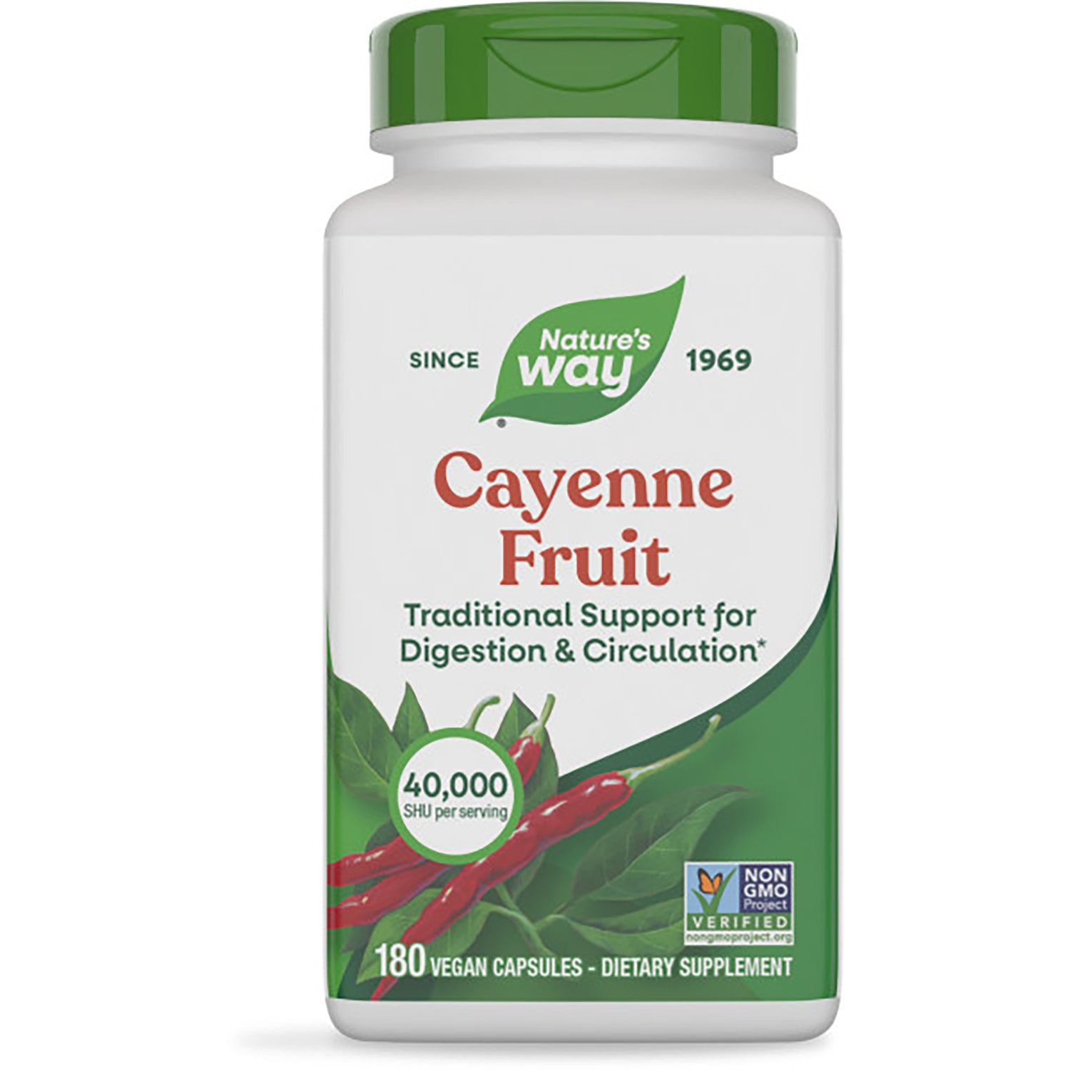 NW480 | White supplement bottle with green cap labeled Nature's Way Cayenne Fruit, 180 vegan capsules, plant powered