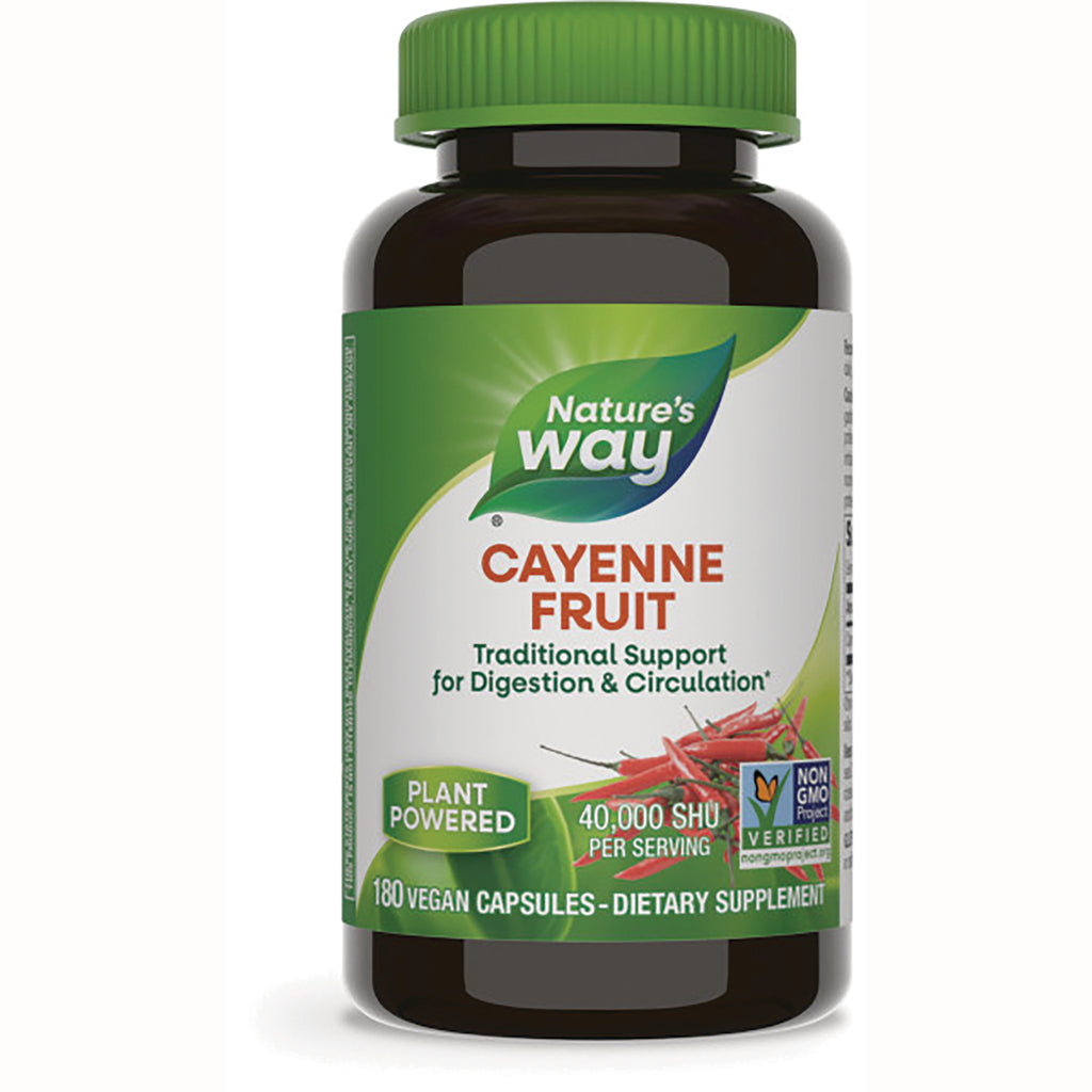 NW480 | Brown supplement bottle with green cap labeled Nature's Way Cayenne Fruit, 180 vegan capsules, plant powered - Thumbnail