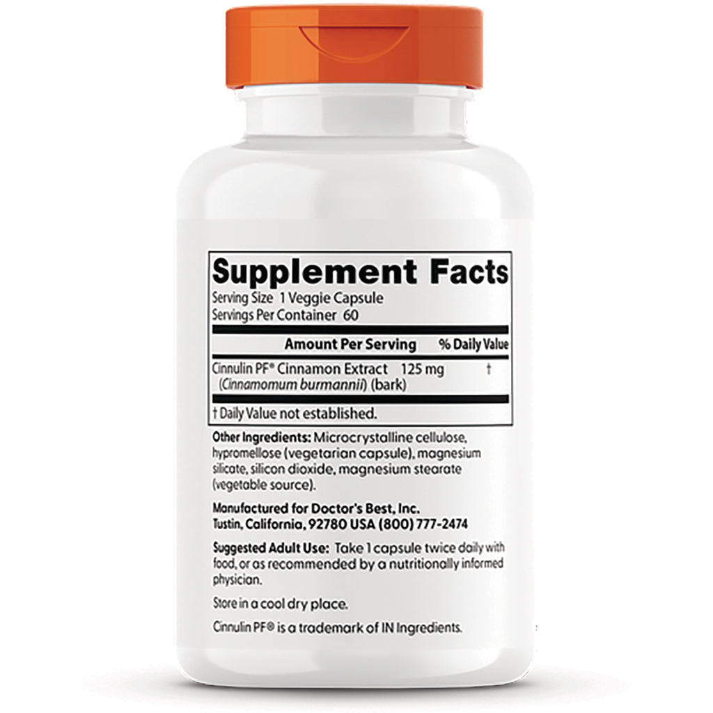 DB253 | back label showing Supplement Facts panel and ingredients listing for Cinnulin PF cinnamon extract 125 mg - Thumbnail