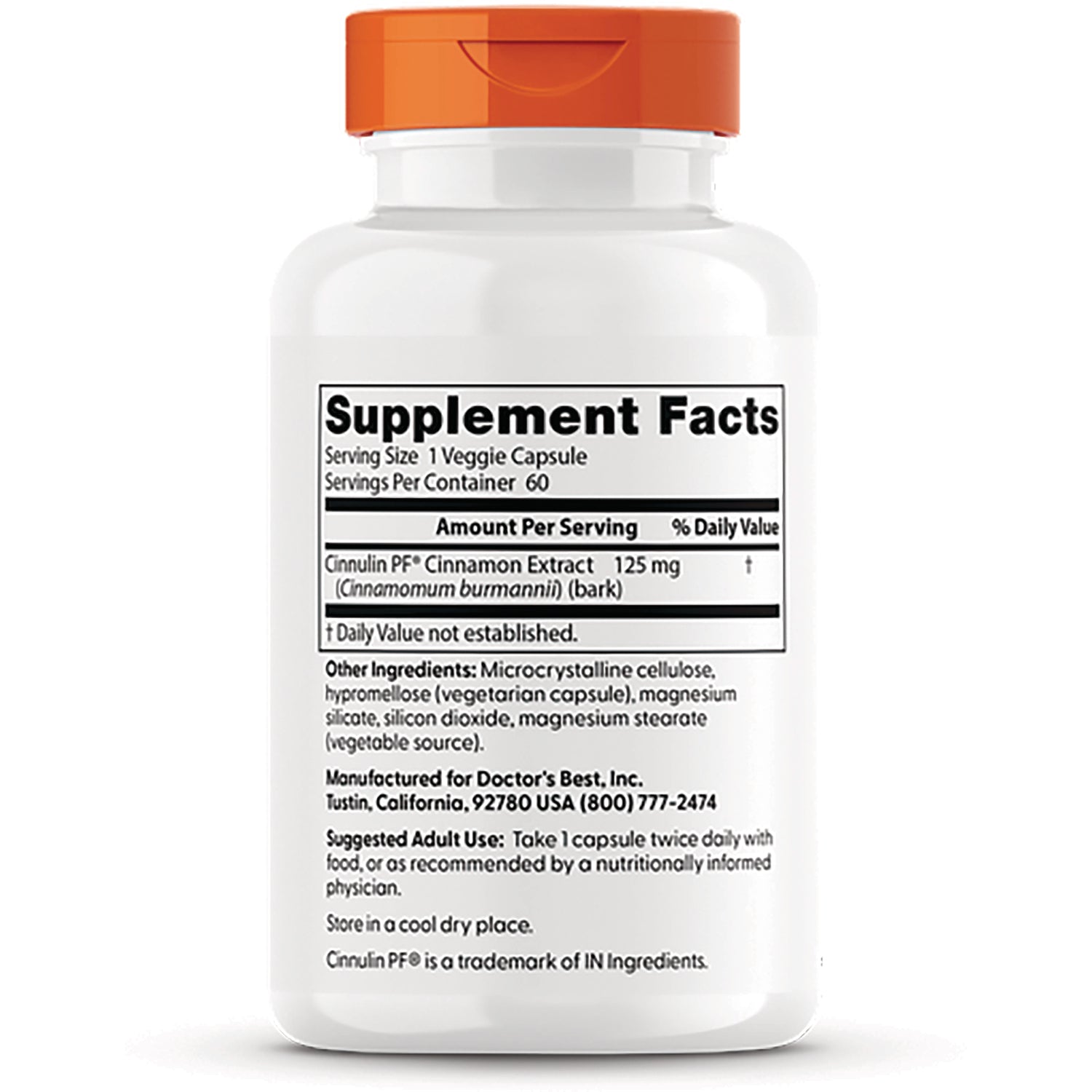 DB253 | back label showing Supplement Facts panel and ingredients listing for Cinnulin PF cinnamon extract 125 mg