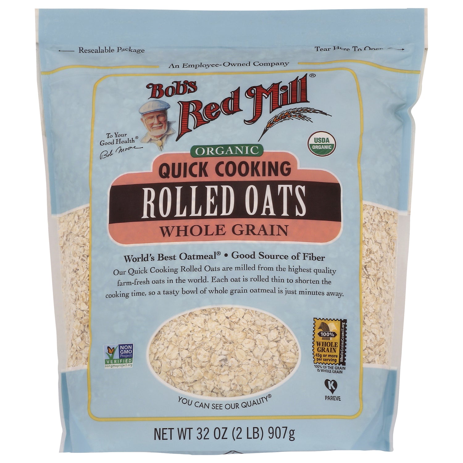 BOB325 | Bob's Red Mill organic quick cooking rolled oats 32 oz front pouch with window showing oats