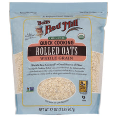 BOB325 | Bob's Red Mill organic quick cooking rolled oats 32 oz front pouch with window showing oats