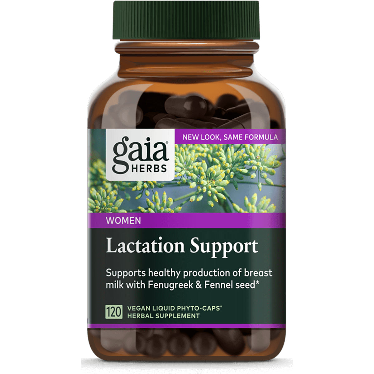 GH078 | Gaia Herbs Lactation Support bottle, 120 vegan liquid phyto-caps for women, fenugreek & fennel seed