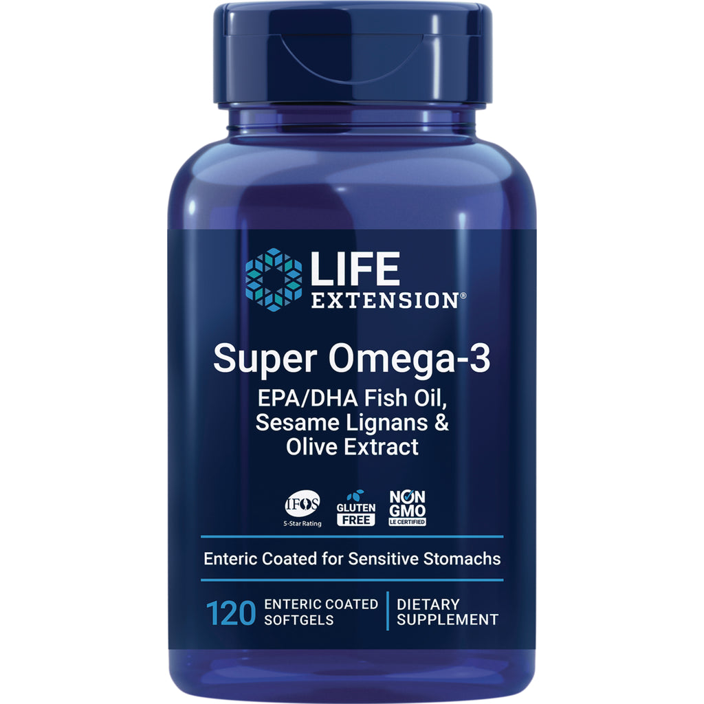 LE312 | Life Extension Super Omega-3 blue bottle, EPA/DHA fish oil enteric coated softgels, 120 count - Thumbnail