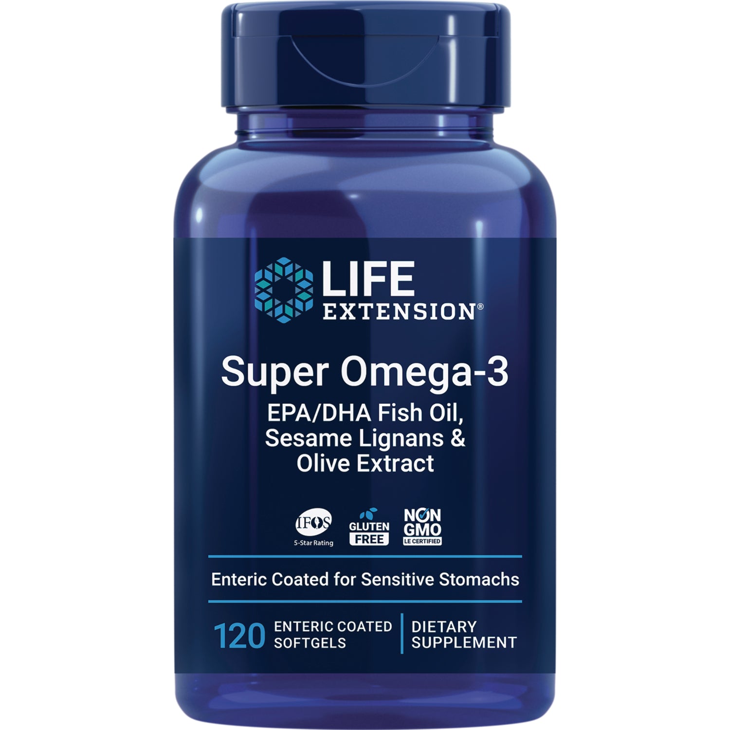 LE312 | Life Extension Super Omega-3 blue bottle, EPA/DHA fish oil enteric coated softgels, 120 count