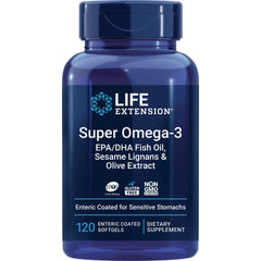 LE312 | Life Extension Super Omega-3 blue bottle, EPA/DHA fish oil enteric coated softgels, 120 count