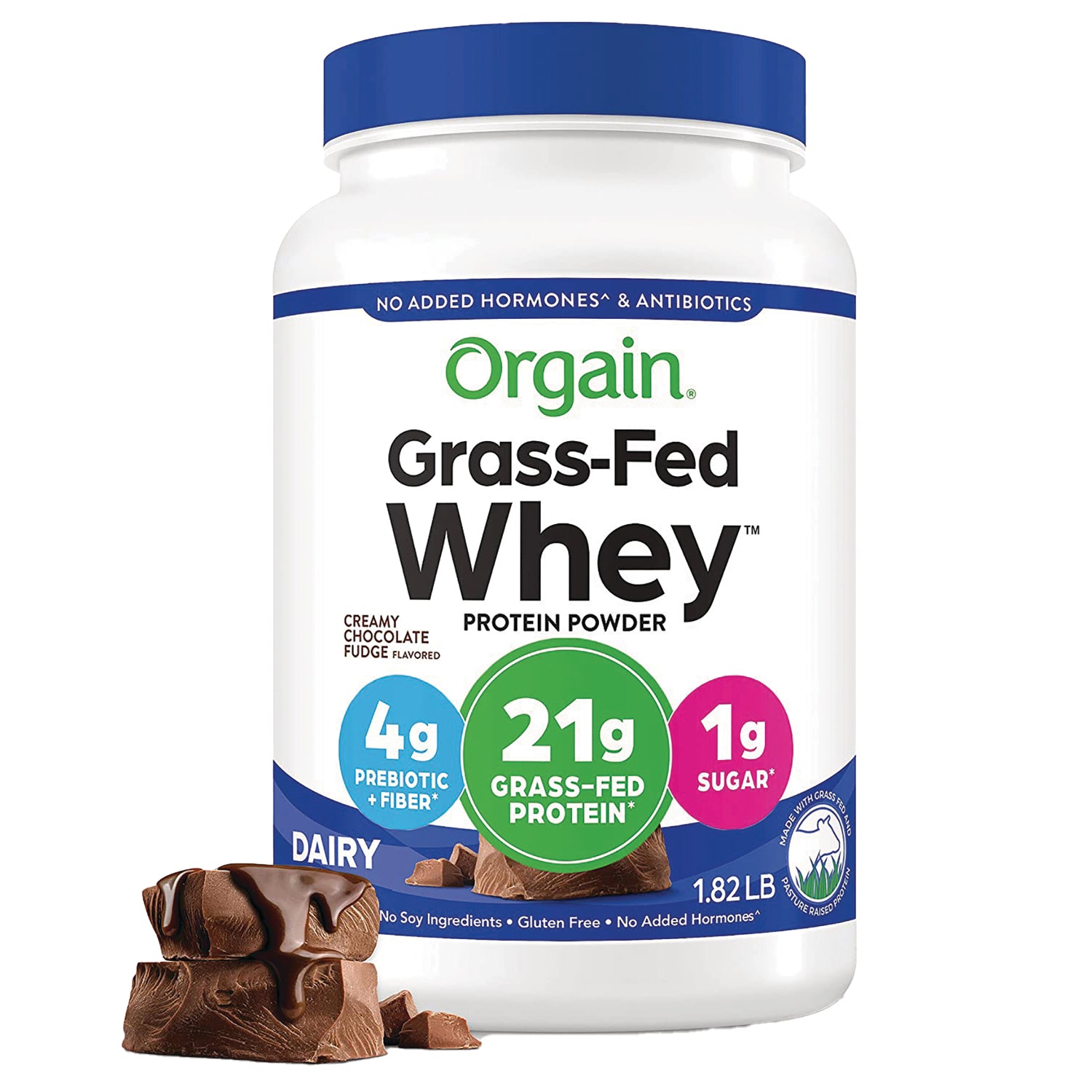 OGN006 | Orgain Grass-Fed Whey protein powder front label, creamy chocolate fudge flavor, 21g protein
