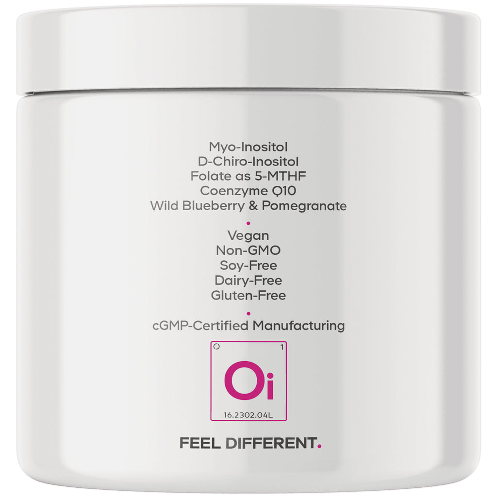 CDG064 | Back label of white supplement jar listing Myo-Inositol, D-Chiro-Inositol, Folate as 5-MTHF, CoQ10; vegan, non-GMO, soy-, dairy-, gluten-free; cGMP and Oi logo - Thumbnail