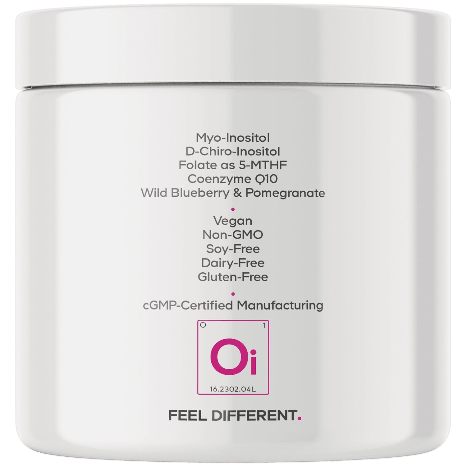 CDG064 | Back label of white supplement jar listing Myo-Inositol, D-Chiro-Inositol, Folate as 5-MTHF, CoQ10; vegan, non-GMO, soy-, dairy-, gluten-free; cGMP and Oi logo