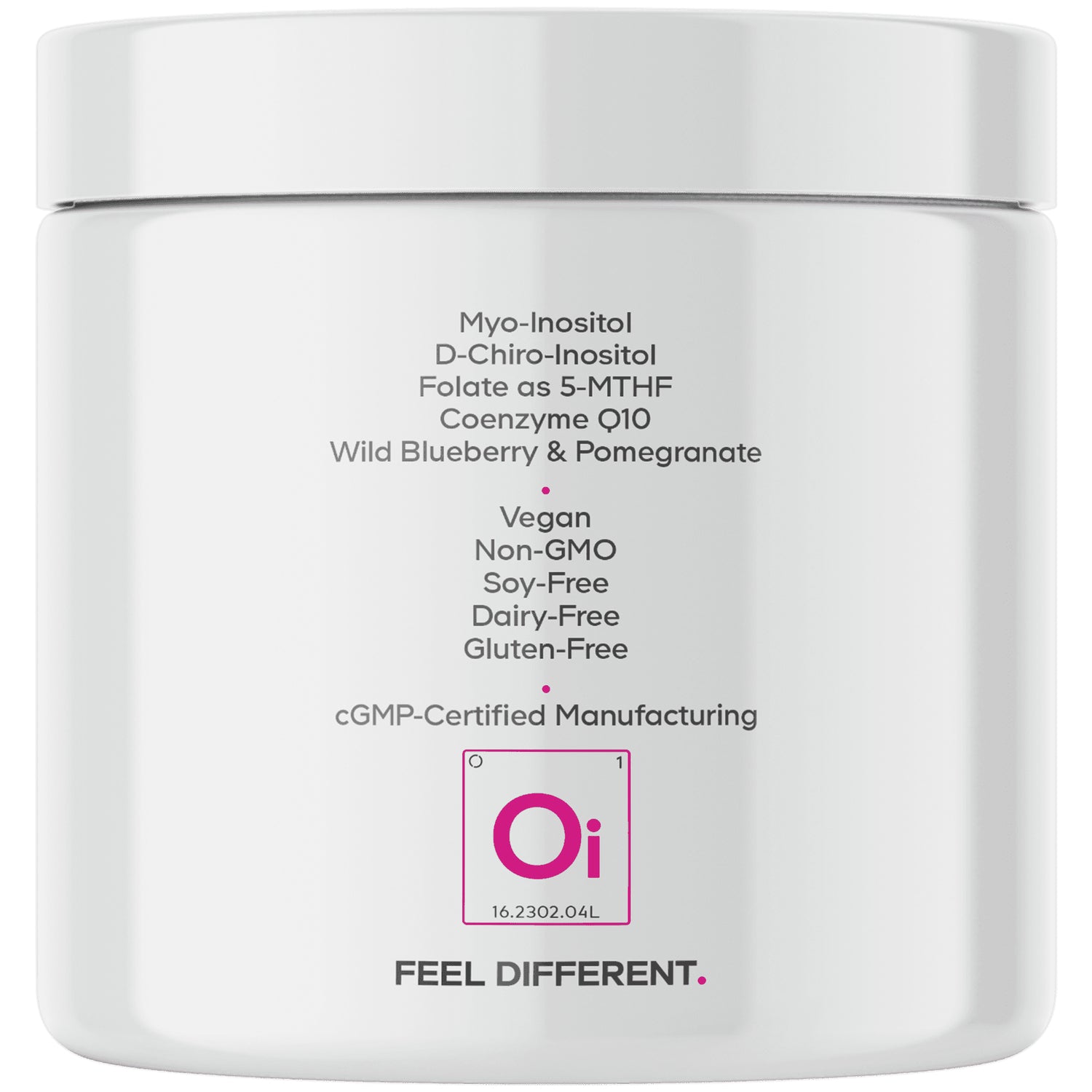 CDG064 | Back label of white supplement jar listing Myo-Inositol, D-Chiro-Inositol, Folate as 5-MTHF, CoQ10; vegan, non-GMO, soy-, dairy-, gluten-free; cGMP and Oi logo
