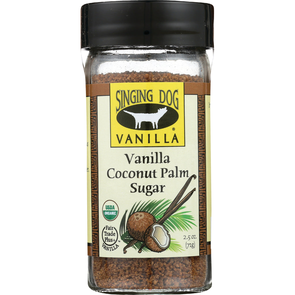 Singing Dog Vanilla coconut palm sugar glass jar with black lid and label showing coconut illustration - Thumbnail