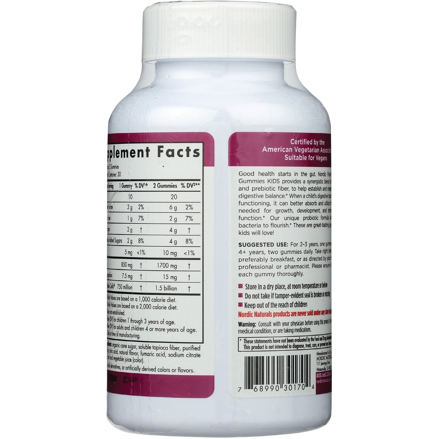 NRN121 | Back of white supplement bottle showing supplement facts panel, suggested use text and barcode