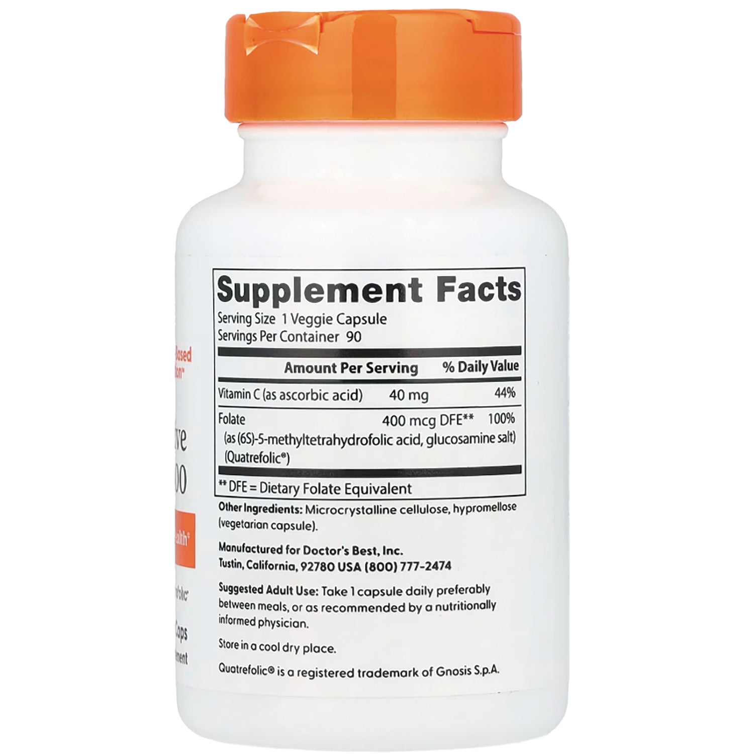 White supplement bottle back showing Supplement Facts label with folate and vitamin C amounts